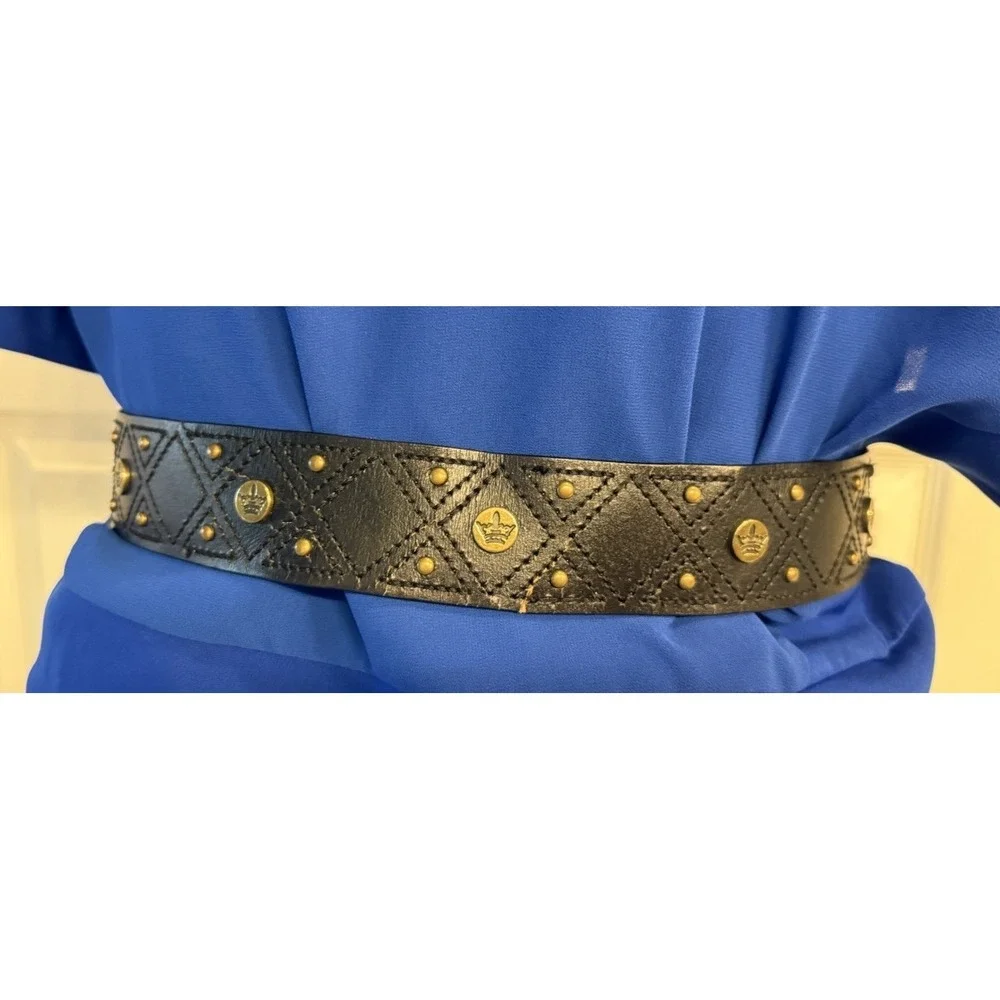 VTG Worn Studded Black Leather Belt Gold Color Buckle Sz 38